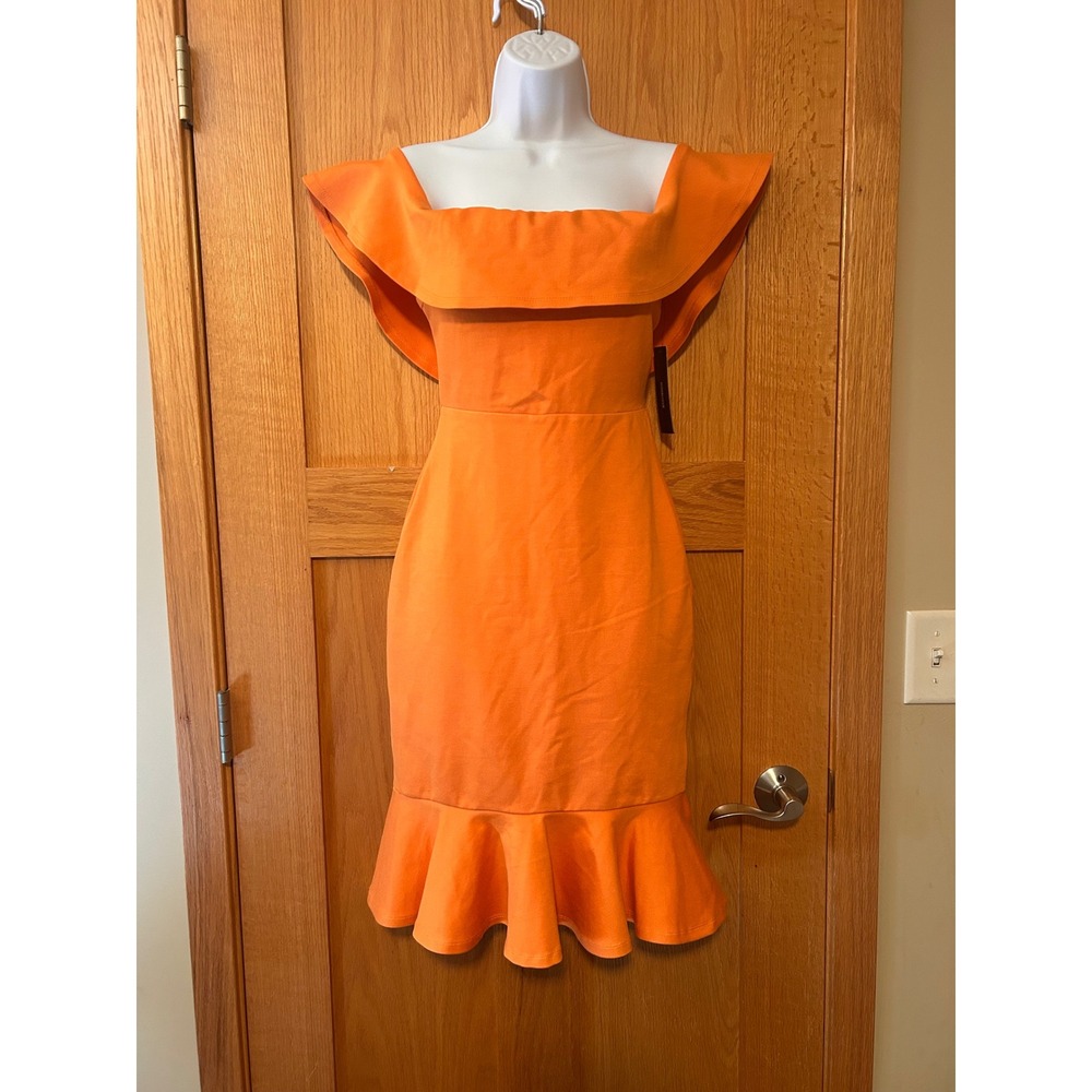 NEW Lulus Orange Ruffle Off The Shoulder Bodycon Flounce Hem Dress XS